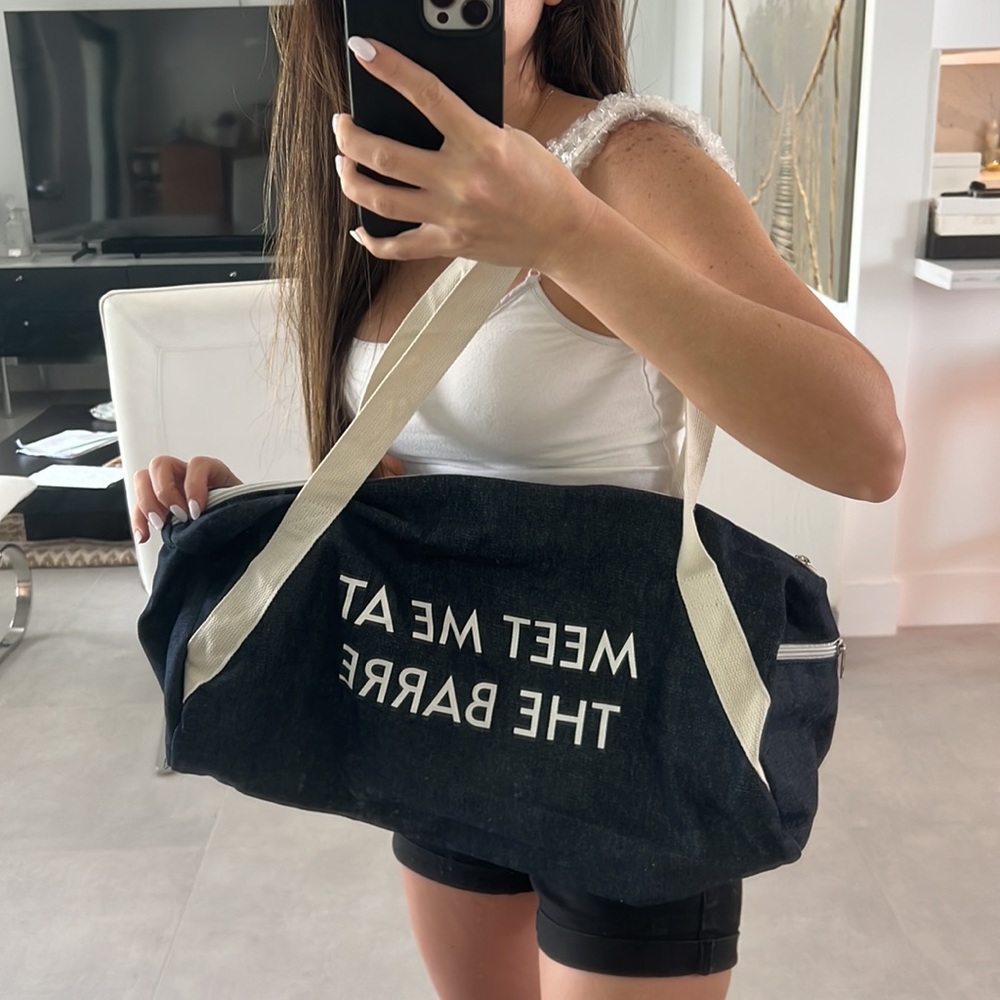 NWOT Women blue denim color Jean Gym bag MEET AT THE BARRE print sporty classic